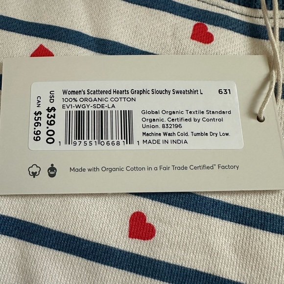 Pact Women’s Scattered Hearts Graphic Slouchy Sweatshirt Blue and Cream Large - Picture 3 of 6